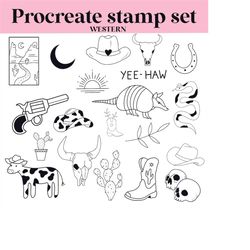 western cowboy doodles procreate stamp /  brush set bundle / 20 designs