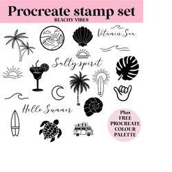 Beachy Vibes / summer holiday doodles Procreate stamp /  brush set bundle / 30 designs plus free Procreate colour palett