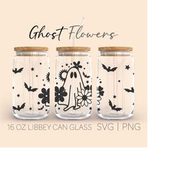ghost flowers libbey can glass svg, 16 oz can glass, ghost svg, wild flower svg, halloween svg, can glass svg, beer can