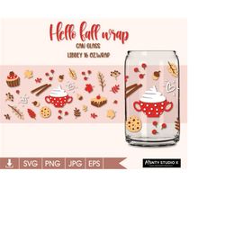 hello fall svg,coffee glass wrap,autumn svg, thanksgiving svg ,autumn leaves,for libbey 16oz beer can glass svg ,digital