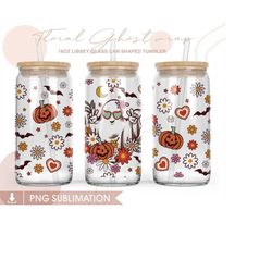 16 oz Libbey Beer Glass Can,Floral Ghost ,Halloween Libbey ,Halloween ghost Glass Can latte iced Coffee warm cozy PNG fi