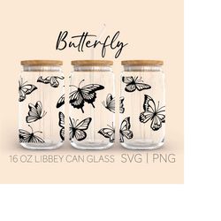 butterfly libey can glass svg, 16 oz can glass, beer can glass, iced coffee svg, butterfly,  digital download