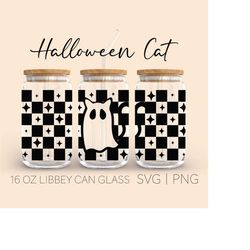 halloween cat libbey can glass svg, 16 oz can glass, halloween svg, spooky season svg, ghost svg, checkered svg, cat mom