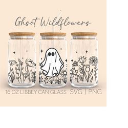 Ghost Wildflowers Libbey Can Glass Svg, 16 Oz Can Glass, Ghost Svg, Wild Flowers Svg, Spooky Svg, Halloween Ghost Svg, B