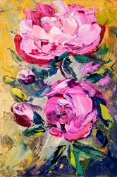 Oil Painting Pink Peonies Flowers Bushes Impasto Original Artist Svinar Oksana
