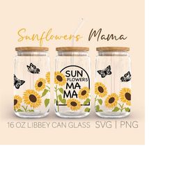 sunflowers mama libbey can glass sag, 16 oz can glass, sunflower png, mama svg, beer can glass, butterfly svg, flowers s