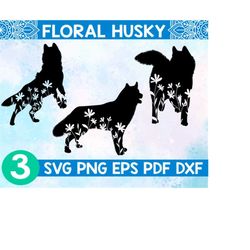 Floral Husky Svg,husky Dog Svg,husky Wildlflower Svg,husky With Flower Svg,husky Silhouettes