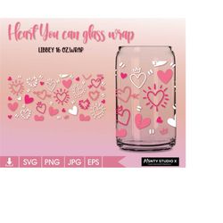 Full wrap Heart Glass Wrap Svg,Heart svg,Heart can glass svg,Valentines day hearts svg,16oz Libbey Can Glass Wrap,Digita