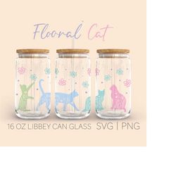 floral cat and flower libbey can glass svg, 16 oz can glass, cats svg, cat lover svg, floral svg, wild flower svg, pets,