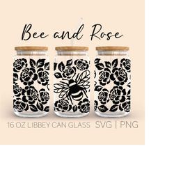 bee and rose libey can glass svg, 16 oz can glass, beer can glass, rose, wildflower svg, botanical svg, floral svg, digi