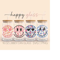 Happy Glass  16oz Glass Can Cutfile, Leopard Smiley Svg, Smiley Face Svg, Retro Svg, Svg For Cricut, Digital Download