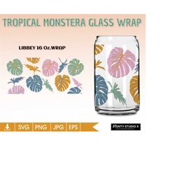 tropical monstera leaf can glass wrap svg ,libbey 16oz can glass svg, coffee glass can, beer glass svg png dxf,for circu