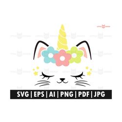 Cat Unicorn SVG, Unicorn Clipart, Cat Face Clipart, printable Cat Stickers, Animal Clipart, Unicorn Birthday SVG, Cricut