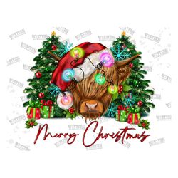Merry Christmas Highland Cow Png Design, Western Christmas Png, Christmas Cow Png, Christmas Tree Png,  Christmas Light