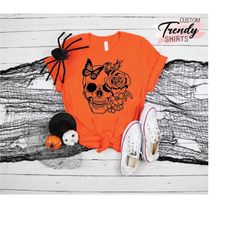 Halloween Skull Shirt, Floral Skull Shirt, Halloween Gifts, Womens Halloween Shirt, Halloween Skeleton Shirt, Womens Fal