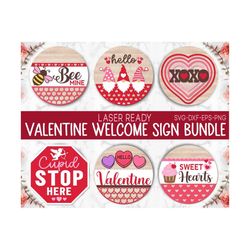 Valentine Welcome Sign Bundle, Valentines day Door Hanger SVG, Heart Svg, Round Sign Valentine Door Decor, Glowforge Las