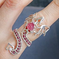 Silver Dragon ring, red dragon, ruby jewelry, Wire wrap ring