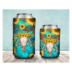 Skull Sunflowers Turquoise Can Cooler PNG Sublimation Design, Bull Skull Can Holder, 12 oz. Can Cooler Template, Can Coo