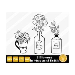 3 Floral Mug svg, Floral Bottle Svg, Flower In Vase Svg, Bouquet of Flowers, Flower Cut File, Easy Cut, Instant Download