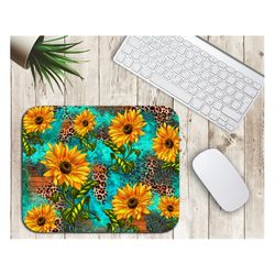 Sunflowers Wood Mouse Pad Sublimation Design, Leopard Mouse Pad Sublimation Design, Turquoise Glitter Png, Leopard, Subl