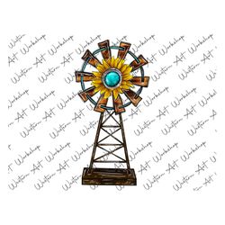 Windmill png , Hand Drawing, Windmill Png, Western Farm Life, Sublimation PNG, Sunflower Turquoise Gemstone Png, Digital
