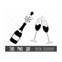 champagne bottle svg, champagne glasses svg, celebration svg, cork pop vector, wedding svg, party png, bottle silhouette