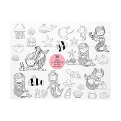 30 mermaid cartoon bundle svg,cut file,Ocean animals fish, shell, clipart SVG For Cut file, animal hand drawn style,svg,