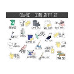 cleaning digital stickers, goodnotes stickers, pre-cropped digital planner stickers, chores and cleaning digital planner