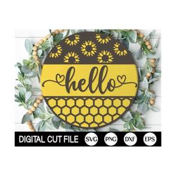 Hello Sunflower Welcome Sign SVG, Round Door Hanger SVG, Floral Sign Svg, Honey Door Decor, Glowforge, Png, Dxf, Svg Fil
