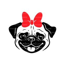 Pug with Red Hair Bow Svg, Pug Love Svg, Pug Lover Svg. Vector Cut file for Cricut, Silhouette, Pdf Png Eps Dxf, Decal,