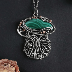 Mushroom necklace silver, Malachite wire wrap pendant jewelry, Fairy cottagecore necklace, Woodland gift for her