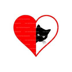 Peeking Black Cat Svg in Red Heart Svg, Cat Mom, Cat Lover. Vector Cut file Cricut, Silhouette, Pdf Png Eps Dxf, Decal,