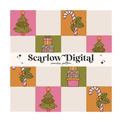 Christmas Checkers Seamless Pattern Sublimation Digital Design Download-christmas tree seamless, present seamless, retro