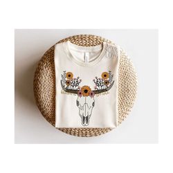 Bloom In The Wild Western Floral Cow Skull PNG sublimation design download, western png, floral png, sunflower png, cow