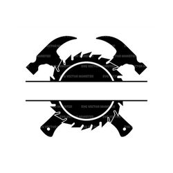 saw blade split monogram svg, crossed hammers svg, logger, lumberjack, woodsman. vector cut file cricut, silhouette, pdf