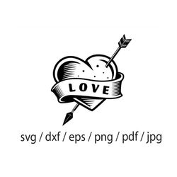 Love Pierce svg,Heart and Arrows, Pierced Heart Vector, Anatomical Heart, Love Graphics, Fine Line Art, Cut File for Cri