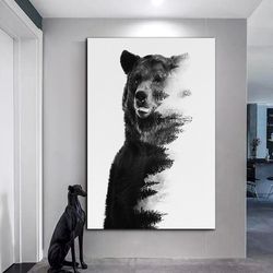 bear canvas wall art, bear and forest canvas wall art, trees inside bear canvas wall art, bear ready to hang canvas wall