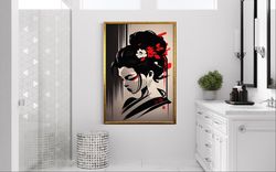 chinese woman canvas wall art, red flowers canvas wall decor, long hair woman canvas print art, chinese makeup canvas pr