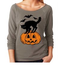 Halloween Shirt on SALE, Black cat Bats Pumpkin Off the Shoulder womens 3/4 raglan shirt, party sweater retro graphic ra