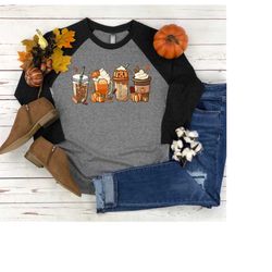 Fall Pumpkin Coffee Raglan Shirt,Coffee Lover Shirt, Halloween Pumpkin Latte Drink Cup, Pumpkin Spice Latte shirt, Thank