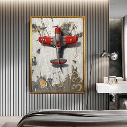 fighter plane canvas print art, propeller plane canvas wall decor, red plane canvas print art, hanged plane canvas print