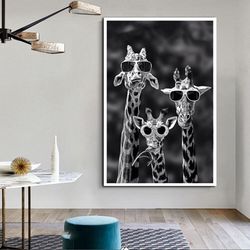giraffes with glasses canvas wall art, handsome giraffes canvas print art, custom canvas print art for animal lovers, re