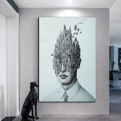 Man and city canvas print art, destroyed city canvas wall art in man's head, surreal man portrait ready to hang