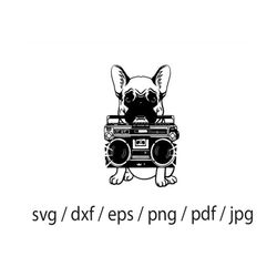 boombox and dog svg, hip hop, boom box, music, radio, songs, dance, retro, rapper breakdance , pug svg, files png jpg cr