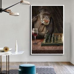monkey playing chess canvas wall art, monkey drinking wine canvas wall art, smoking gorilla canvas print art, ready to h