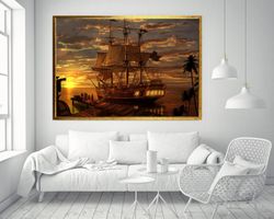 pirate ship canvas print art, ship at sunset canvas print art, pirate ship canvas wall decor, antique cruise ship canvas