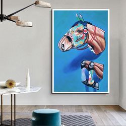 race horse canvas wall art, blue background canvas wall art, bouncing horse canvas wall art, horse coming out of the wal