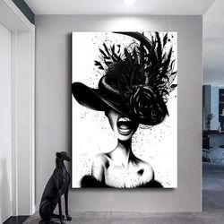 woman in black hat canvas print , woman in black dress canvas painting , woman in hat canvas wall art, ready to hang can