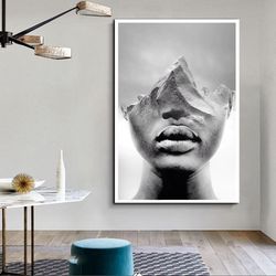 woman with mountain on her head canvas wall art, woman with beautiful lips canvas wall art, african woman canvas print a