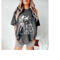 Comfort Colors Hot Coffee Shirt, Drinking Coffee Skeleton TShirt, Halloween Skeleton Women Tee, Hot Coffee Skeleton Shir